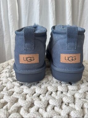 UGG Slate Blue Suede Mini Boot Slippers with Tan Logo